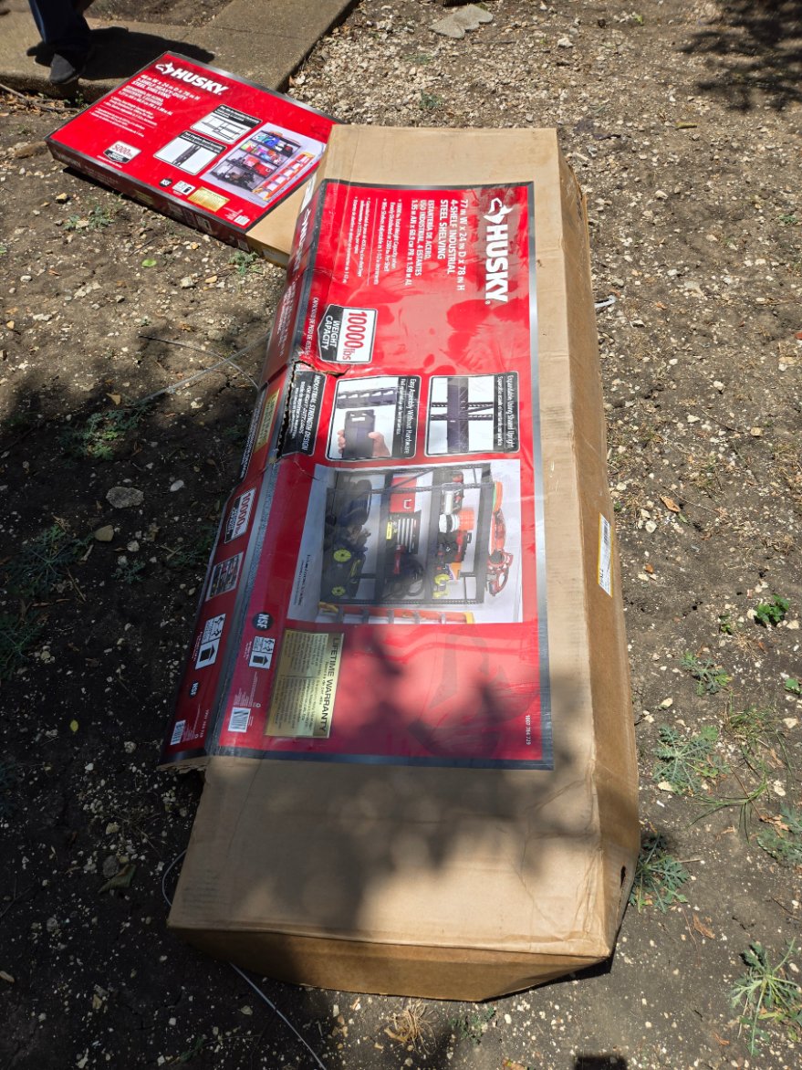 Husky industrial shelving parts ready for Mount & Fix assembly service in DFW