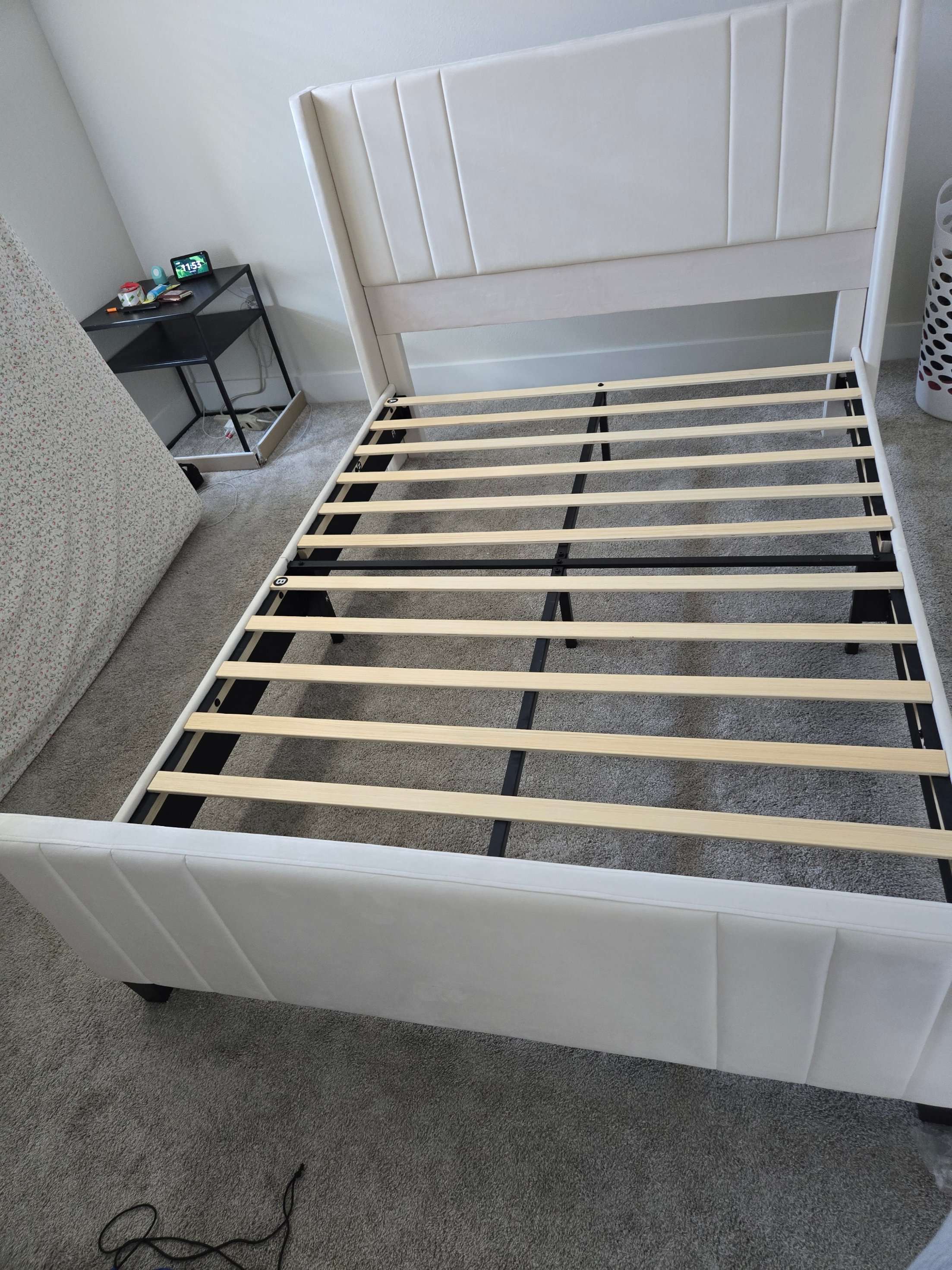 Completed Queen size platform bed frame assembled by Mount & Fix in DFW