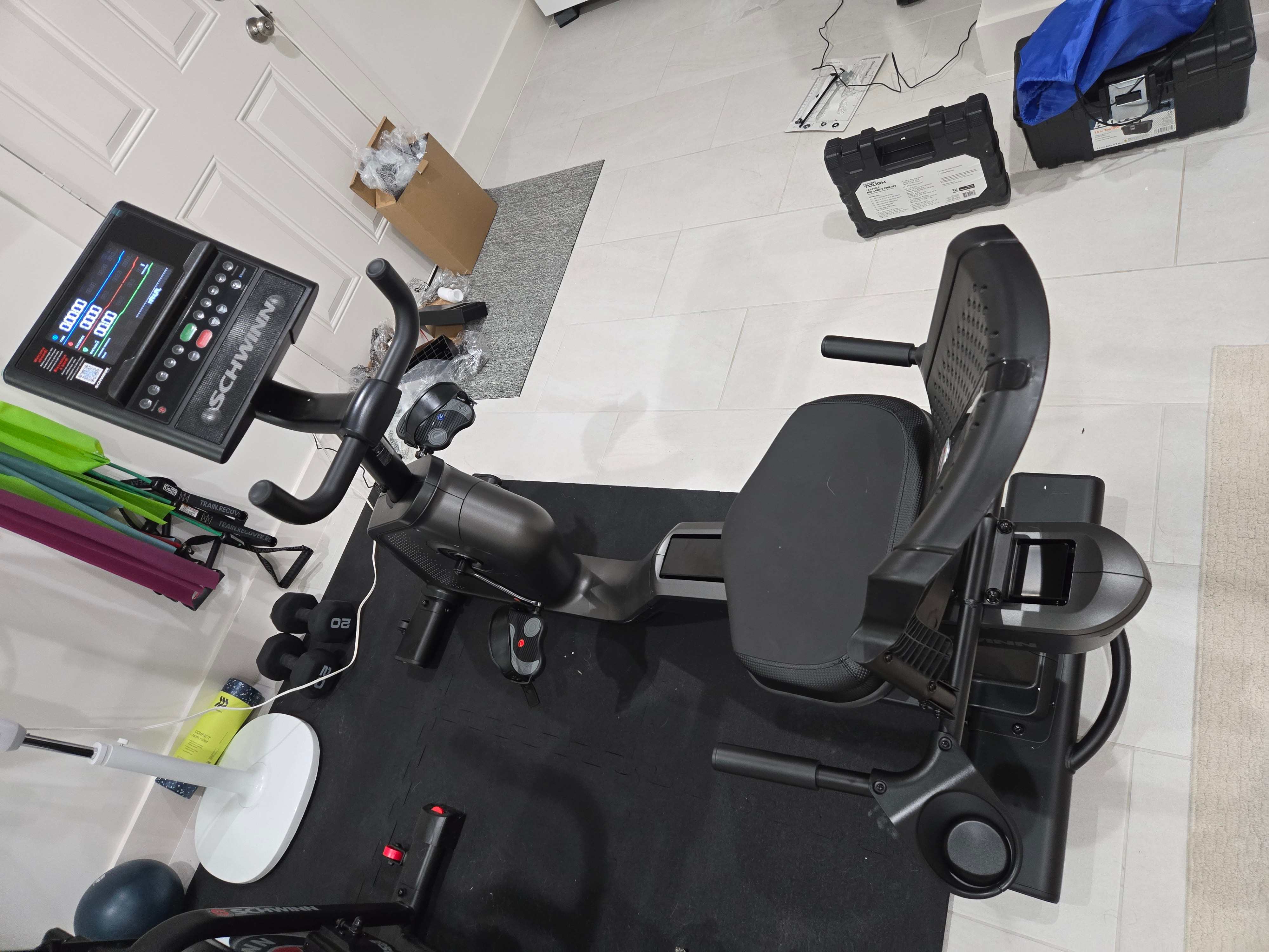 Assembly in progress for a recumbent exercise bike by Mount & Fix Dallas